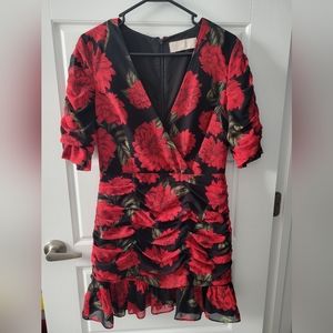 Keepsake women's floral print V- neck puff sleeve ruffle dress . Size M